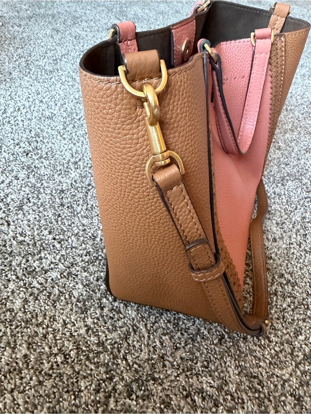 Tory Burch McGraw Colorblock Leather Tote, Pink and Tan, Crossbody Strap - Picture 4 of 7